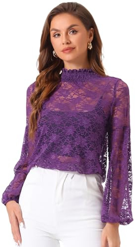Allegra K spetsblus för damer, långärmad ståkrage, volang, blommor, topp, blus, lila, S