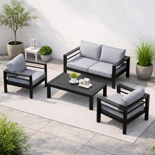 LANOX Gartenmöbel Set alu Gartenlounge-Set Loungeset für 3-4 Personen Terrasse Balkon, wetterfest Sitzgruppe Essgruppe Gartengarnitur (4-TLG., 1×2-Sitzer Sofa, 2×Sessel, 1×Tisch, 8×Auflagen)