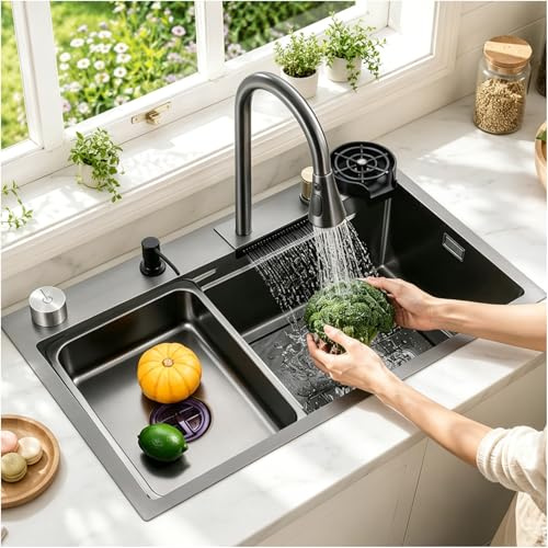 OMGMTSTORE 85 x 45 cm Wasserfall Küchenspüle Schwarz Anthrazit, Edelstahl Spüle Küche 1 Becken mit Ausziehbarer Armatur, Glasspüler, Abtropffläche, Ablaufgarnitur, Einbauspüle Waschbecken Küche