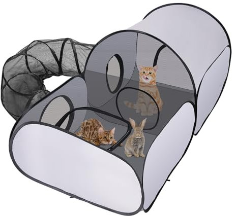 FuzzFables Faltbarer Katzenlaufstall mit Tunnel, multifunktionale Laufställe mit atmungsaktivem Mesh, Tragbares Haustierzelt für Kleintiere im Innen- und Außenbereich, Gehege & Käfige für draußen S
