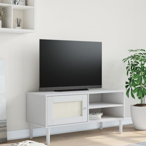 Buzaza TV-Schrank Fernsehschrank Schrank Wohnzimmer TV Cabinet TV Sideboard Wohnzimmer SENJA Rattan-Optik Weiß 106x40x49 cm Kiefernholz
