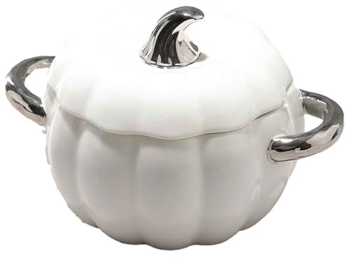 Ciotola in ceramica a forma di zucca con coperchio, zuppiera in ceramica da 2 litri, ciotola carina con manico, ciotola per dessert o zuppa, stoviglie decorative per pentola antiaderente,White