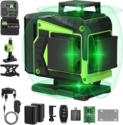 Láser de líneas cruzadas, 4 x 360 °, color verde, nivel láser autonivelante de 16 líneas, con 2 baterías recargables de 2400 mAh, brillo ajustable y mando a distancia