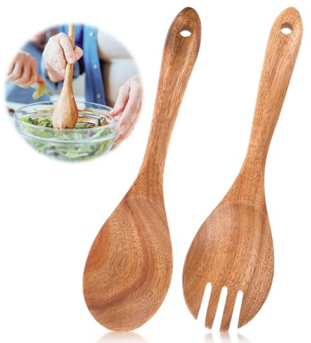 YUFFQOPC 2 Stück Salatbesteck, Holz Salatbesteck Salatgabel und Salatlöffel Besteck Set Langgriff Löffel Gabel aus Akazienholz Holzbesteck für Mischen Kochen Küchenhelfer