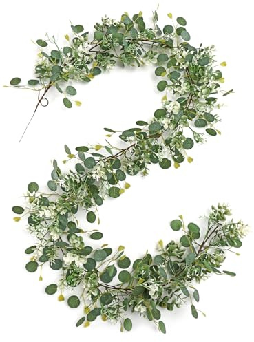 SOMYTING Eukalyptus Girlande, Encrypted Künstliche Girlande Pflanze Hängend Grüne Blätter Deko mit Weiße Blumen Silberdollar Eukalyptusranke für Hintergrund Hochzeit Dekoration Tischläufer Mittelstück