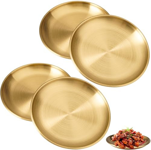 4 Piezas Acero Inoxidable Dorado Bandeja Redonda Oro, 14cm Bandeja Dorada de Acero Inoxidable Redonda, Platos de Metal para Ensalada de Carne, para Reuniones Familiares, Decoración del Hogar, Cocina