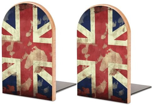 1 Paar handgefertigte Buchstützen aus Holz, Vintage-Buchstützen mit britischer Flagge, rutschfest, dekorative Buchstützen, Buchstopper, Buchregalhalter für Regale, schwere Bücher