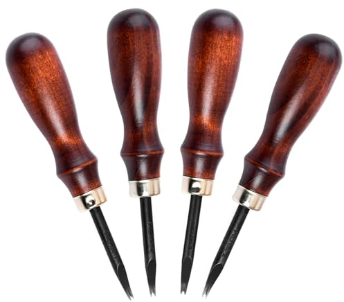 WUTA Leder Kantenschneider, 4 Stücke Profi Leder Rand Beveler, Kohlenstoffstahl Holzgriff Lederverarbeitung Kantenschälen (0.8mm+1.0mm+1.2mm+1.4mm)
