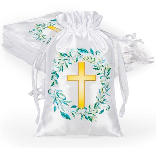 12 Stück Satin Geschenkbeutel mit Kordelzug – 15x10 cm – Weiß mit Kreuz & Blumenkranz – Ideal für Taufe, Kommunion, Firmung, Hochzeit, Ostern & religiöse Anlässe