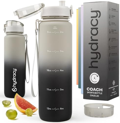 Hydracy Motivations Wasserflasche mit Zeitmarkierung und Fruchteinsatz 1L | Farbverlauf,BPA-frei,auslaufsicher,tägliche Nahrungsaufnahme-Erfassung für Fitnessstudio,Sport und Outdoor-Aktivitäten