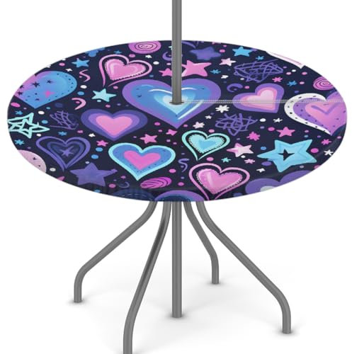 Woltant Nappe ronde avec trou de parasol et fermeture éclair facile à nettoyer avec bords élastiques - Protection de table d'extérieur pour jardin, terrasse, barbecue (cœur et étoile fluo)
