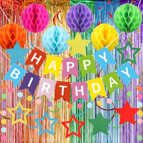 Tolle Geburtstag Deko Set - Geburtstag Banner, Folien Vorhänge, Wabenbälle & Party Accessoires Mehrfarbige Geburtstagsdeko - Für Jungens/Mädchen Kindergeburtstag - Einfache Montage