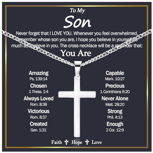 EPIRORA Cross Necklace Gifts for Son from Mom Dad, Stainless Steel Cross Necklace Cuban Chain Pendant Necklace for Men Boys, Birthday Christmas Presents Best To My Son Gifts