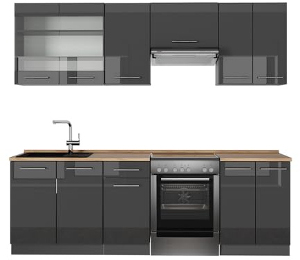 Vicco Küchenzeile Fame-Line, Anthrazit Hochglanz, 240 cm, AP Eiche