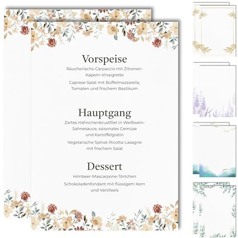 15 Blanko Menükarten für Speisekarten und Getränkekarten für die Hochzeit, Geburtstag, Konfirmation (Wildblumen)