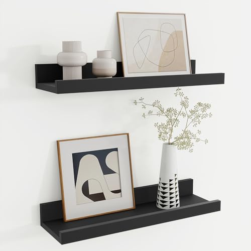 Feihorrm Wandregal Holz 40 cm, Regal Wand Schwarz Bilderleiste für Bilderrahmen und Bücher 2er Set, Schweberegal aus MDF Holz, Regalbrett Wandboard für Küche, Wohnzimmer, Schlafzimmer & Arbeitszimmer