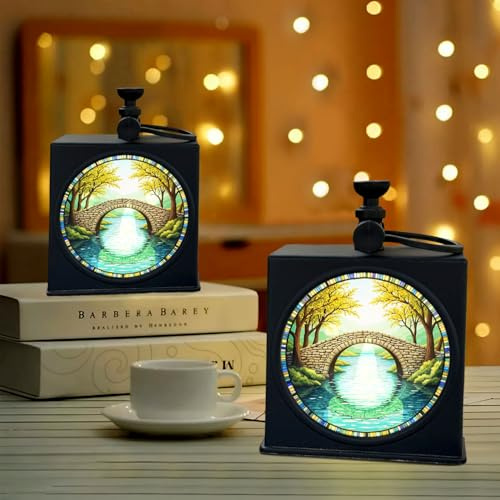 Stone Bridge Over River Stained Glass Led Squad Ornament, Christmas Candlelight Ornament, Candle Led Squad Ornaments, Lanterns Christmas