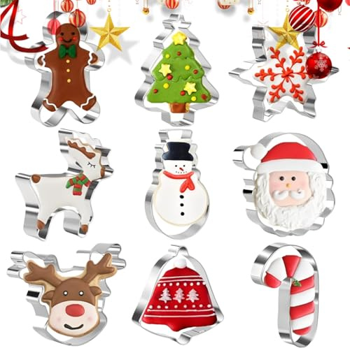 LQUYTA 9 Pezzi Formine per Biscotti di Natale, Stampo per Biscotti Natalizi in Acciaio Inox, Babbo Natale, Fiocco di Neve, Renna, Faccia di Renna Stampi Biscotti per la Cottura