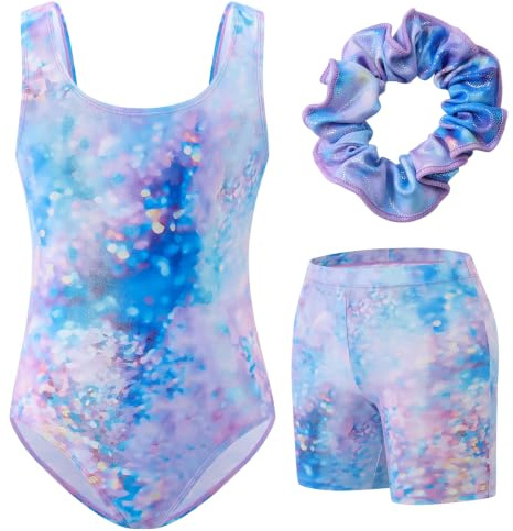 Ewbob Gymnastics Leotards for Girls UPF 50+ Sleeveless Kids Leotard 3-12Y | 3 Pack with Shorts Hair Scrunchies,Rhinestone Sparkly gymnastics leotards for girls Competition,Ballet Dance Tumbling Unitard