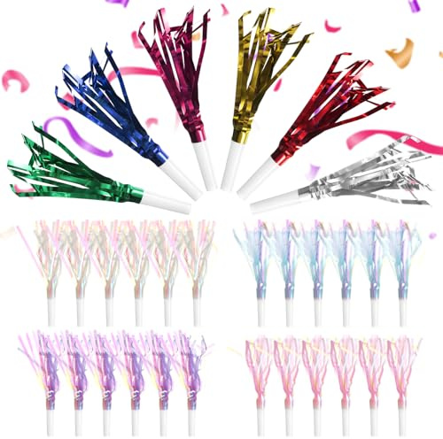 30 pcs Noise Makers Party Blowers Glitter Metallic Fringed Party Horns Tassel Noisemakers Horn Whistles Blow Out for Birthday Graduation Sporting Wedding Favors Supplies New Years Eve Decoration