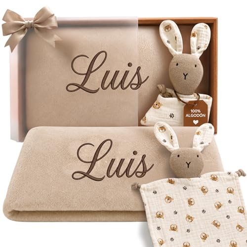 Dalvitas Manta Bebé Personalizada Bordada con Nombre + Doudou 100% Algodón - Pack Regalo Recién Nacido Niño Niña - Set Canastilla Extrasuave y Ligera para Entretiempo