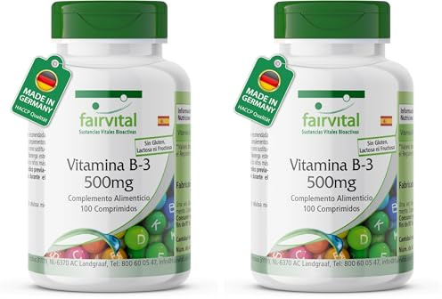 fairvital Vitamina B3 500mg, 100 comprimidos, ALTA DOSIS, VEGANO, nicotinamida (Paquete de 2)