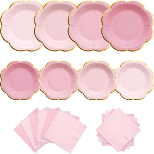 OuMuaMua 60 Pack Disposable Pink Party Paper Plates and Napkins | Scalloped Paper Plates, Party Tableware for Wedding, Birthday Party, Tea Party and Baby Shower