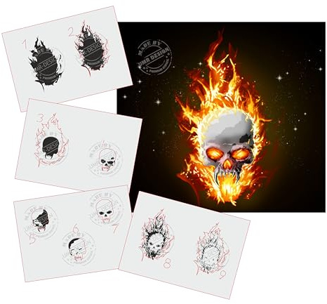 UMR-Design AS-326 Flames Skull Plantilla para aerografía Step by Step Size S