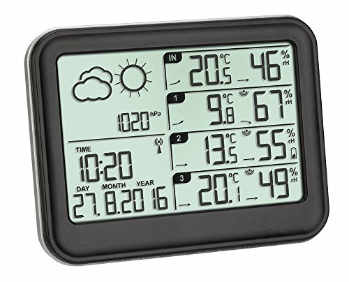 TFA Dostmann Funk-Wetterstation View, 35.1142.01, mit 3 Aussensender, inkl Funkuhr, Wettervorhersage, mit Temperatur und Luftfeuchtigkeit, L 131 x B 26 (63) x H 102 (98) mm, mit Batterien