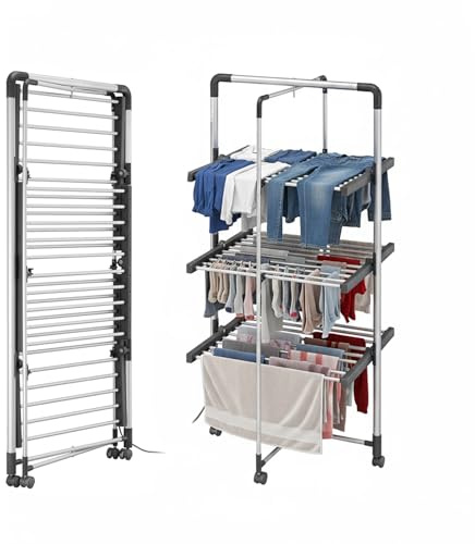 Iside Stendibiancheria a Torre Stendino Elettrico con 3 Piani Riscaldanti Stendi Biancheria richiudibile 300 Watt