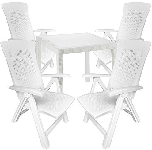 Mojawo® Bistrogarnitur 5-teilig Bistrotisch Kunststoff Eckig 79x79cm H72cm + 4 Garten Klappsessel Rattanoptik Kunststoff Weiß