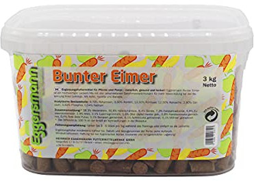 Eggersmann Lecker Bricks Bunter Eimer – Belohnungsfuttermittel für Pferd - Apfel, Banane, Karotte - 3 kg Eimer