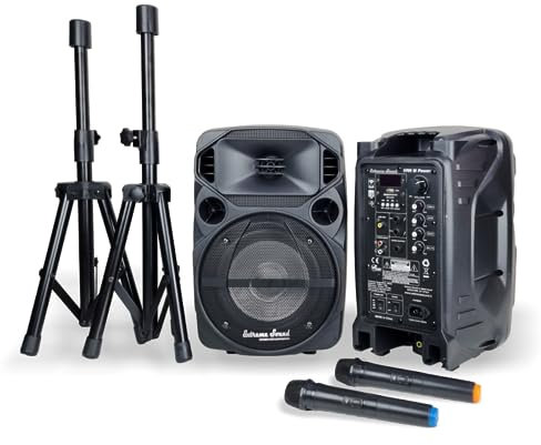 Coppia Casse Attiva + Passiva Con 2 Microfoni Wireless e Bluetooth - MINI KIT Per Karaoke, Per Piccoli Eventi e Feste- 2 Stativi Inclusi - Casse Audio Complete