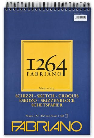 Fabriano Honsell 19100639 - Fabriano Schizzi Skizzenblock 1264 mit Kopfspirale, 90 g/qm, DIN A3, 120 Blatt Skizzenpapier in elfenbeinweiß, säurefrei, leicht gekörnt, für alle Trockentechniken