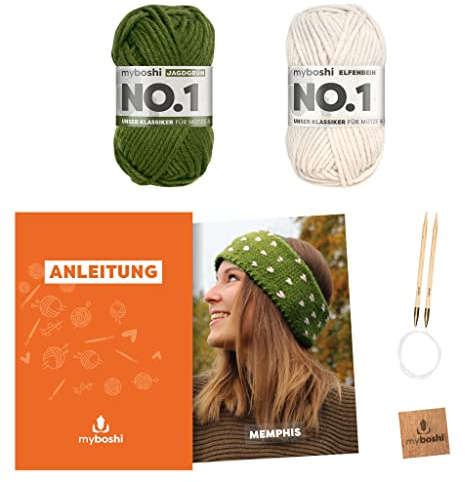 myboshi Strickset Stirnband Memphis, inkl. No.1 Wolle, Nadel und Anleitung, für Mützen und Schals, Strickpaket, 30% Merinowolle Grün, mit Rundstricknadel