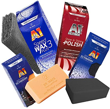 detailmate Rengörings- och skötselset: Dr. Wack A1 Speed Wax Plus 3–500 ml A1 Ultima Show & Shine Polish 250 ml mikrofiberduk, 550 GSM, 40 x 40 cm svampar