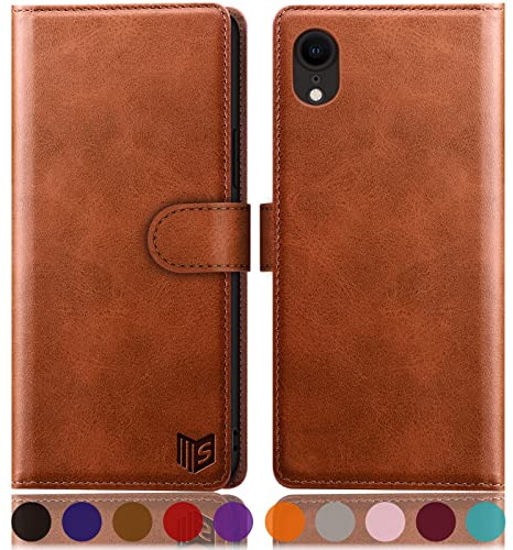 SUANPOT [RFID Schutz für iPhone XR 6,1-Zoll hülle PU Leder handyhülle Lederhülle klapphülle Kartenfach Flip Phone Case Cover für iPhone XR handyhülle Hellbraun