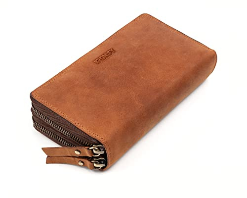 KRONIFY Leder Geldbörse Damen I Echtleder XXL Geldbeutel I Doppelter Reißverschluss I Groß I RFID Schutz I Portmonee mit Münzfach I 29 Kartenfächer I Frauen Portemonnaie I Nature Hellbraun I Samtleder