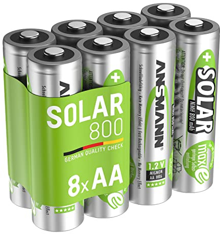 Ansmann Akku AA Mignon 800mAh 1,2V NiMH für Solarlampen 8 Stück-Wiederaufladbare Batterien mit geringer Selbstentladung maxE-Akkus ideal für Solarleuchten im Garten-Rechargeable Battery, Silber/Grün