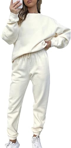 amropi Tuta da Donna Vello Foderato Pullover Felpa e Pantaloni Jogging Tute Beige,S