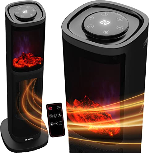 Tronitechnik® Infrarot Turm-Keramik-Heizer Elektro-Heizer 2000 Watt, Heizstrahler Standheizstrahler PTC Keramikheizelement mit Fernbedienung, Kamineffekt, Oszillation, Timer, Umkippschutz, bis 45°C
