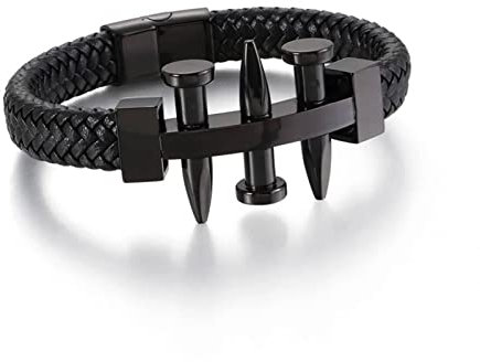Bracelet Acier, Bracelet Homme Acier Noir Acier Inoxydable Cuir Clou Simple 21.5CM 12MM Cool Mode Bijoux Cadeau