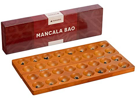 Navaris Mancala Spiel Bao Steinchenspiel aus Holz - Bohnenspiel Strategiespiel Edelsteinspiel - Hus Spiel mit Steinchen - ab 6 Jahren - klappbares Kalaha Brettspiel