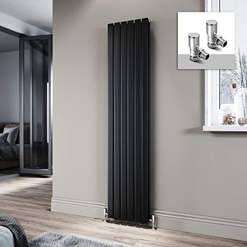 ELEGANT Black Vertical Radiator 1800 x 408mm Flat Panel Designer Radiator Double Panel Central Heating Radiator with Chrome Angled Radiator Valves