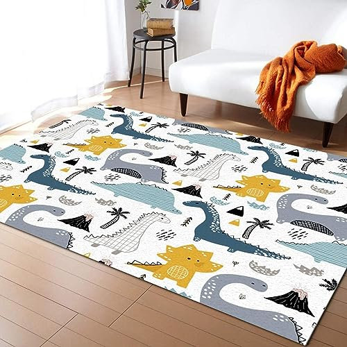 TEMLAN Cartoon Bunter Dinosaurier Teppiche Gegend, Wildtier-Silhouetten Kinderteppich für Drinnen und Draußen Terrasse Balkon Garten Wohnzimmer 80 x 150cm