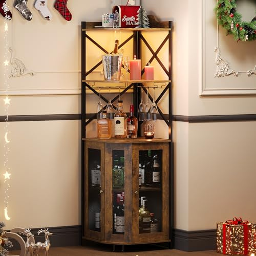 JKsmart Corner Bar Cabinet With LED Lights, 5-Tier Industrial Wine Cabinet With Glass Holder, Farmhouse Liquor Cabinet With Shelf and Door, Home Bar for Coffee, Rustic Brown