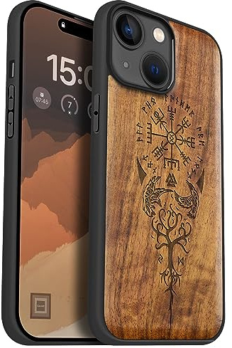 Carveit Holz Cover für iPhone 15 hülle, Kompatibel mit Magsafe Silikon Stoßfeste Cover, Magnetisch hull für Apple 15 Case（Nussbaum-Wikingerkompass Vegvisir）.
