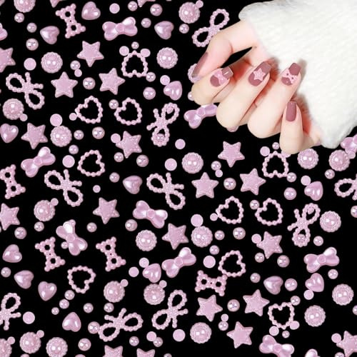 Pearl Nail Charms, 500PCS Mixed Styles Star Bow Heart 3D Pink Pearls Nail Art Decorations for DIY Crafting Jewels (Pink)