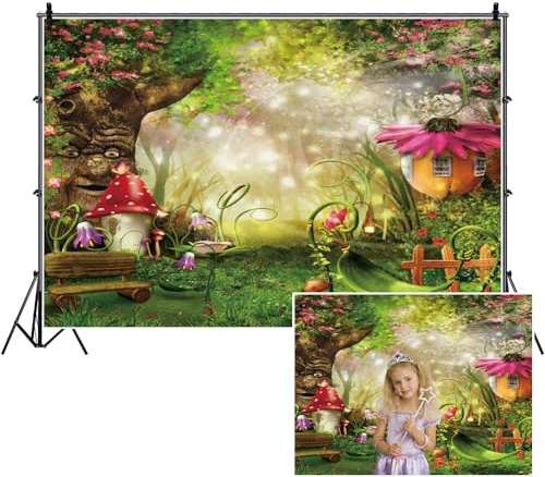 SDOTPMT 7x5ft Verzauberter Wald Polyester Hintergrund Shinny Sunshine Magic Dschungel Bäume Botanische Pflanzen Hintergrund Fee Welt Hintergrund für Kinder Geburtstag Party Foto Requisiten