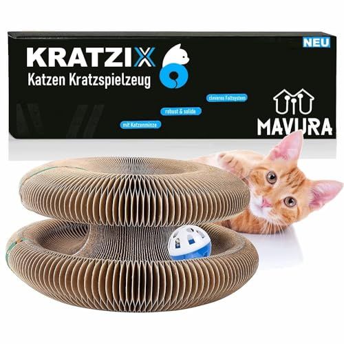 KRATZIX Katzen Kratzspielzeug Kratzpappe faltbares Katzenspielzeug, Kratzmatte Kratz Matte Pappe rund mit Ball & Katzenminze